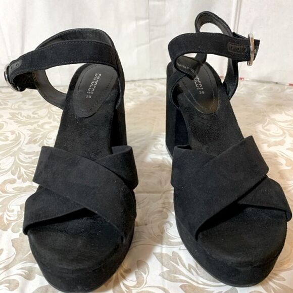 H&M Divided Platform Block Heel Sandals Black Vegan Suede Leather Heel Sz 5.5 - Picture 4 of 7